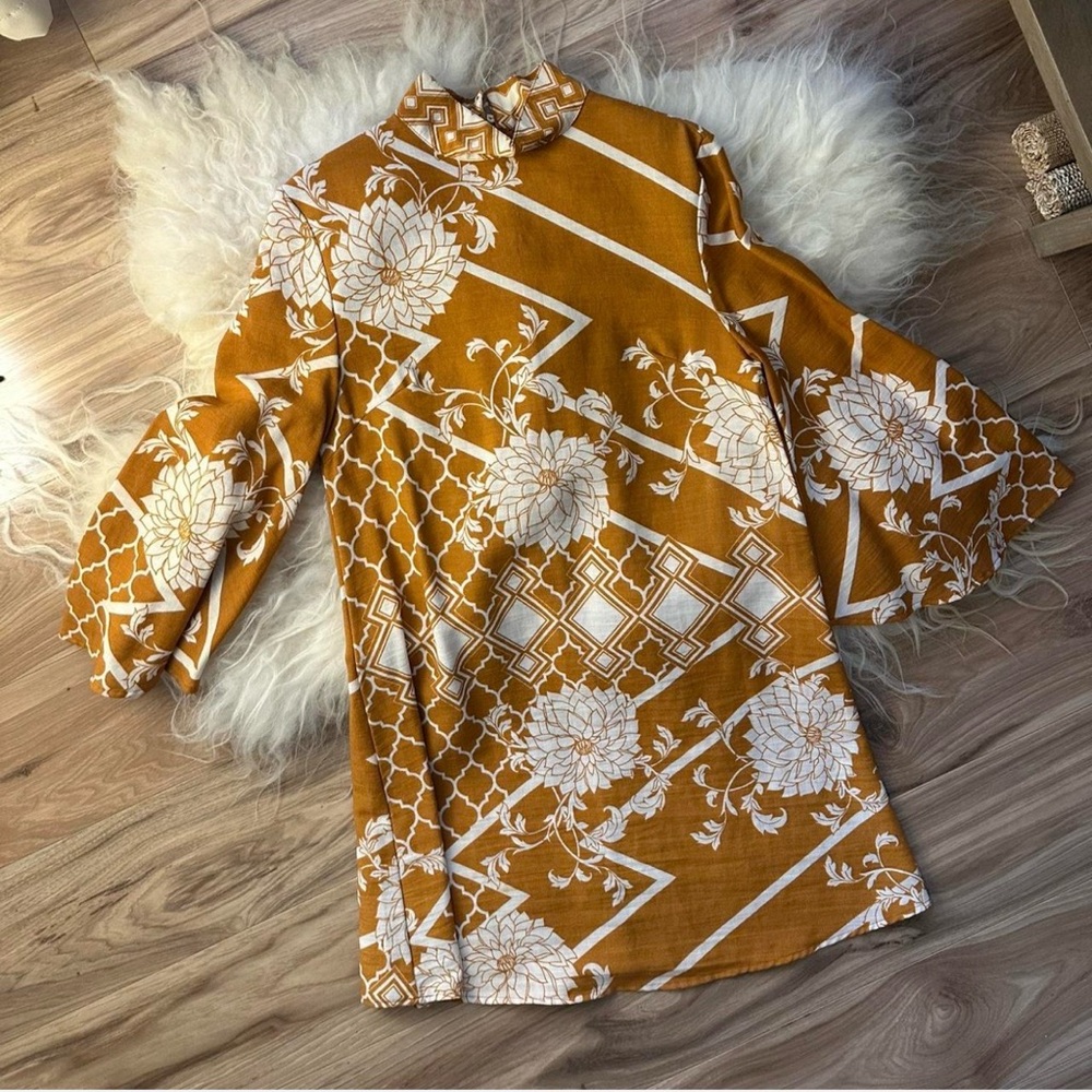 Floral Patterned Mini Dress in Mustard and White